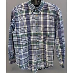 Nautica Shirt Mens L Blue Plaid Button Down Heavy Cotton Canvas Preppy School